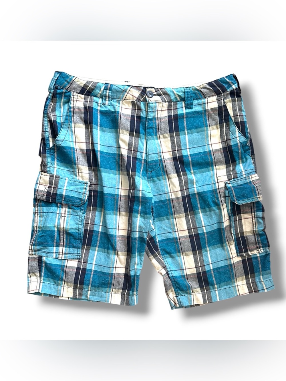 Y2K OTB Blue Madras Plaid Cargo Shorts Men's Size 36 Baggy Grunge Skater Summer